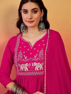 Embroidered notch neck a-line kurta with trousers & dupatta 2