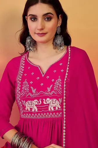 Embroidered notch neck a-line kurta with trousers & dupatta