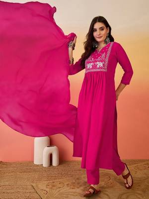 Embroidered notch neck a-line kurta with trousers & dupatta 5