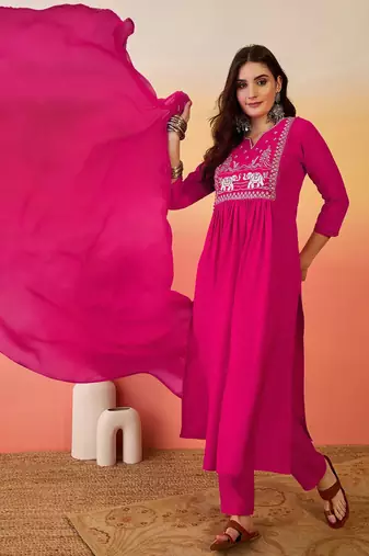 Embroidered notch neck a-line kurta with trousers & dupatta