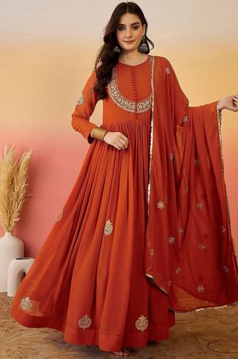 Floral embroidered empire georgette anarkali kurta with trouser & dupatta