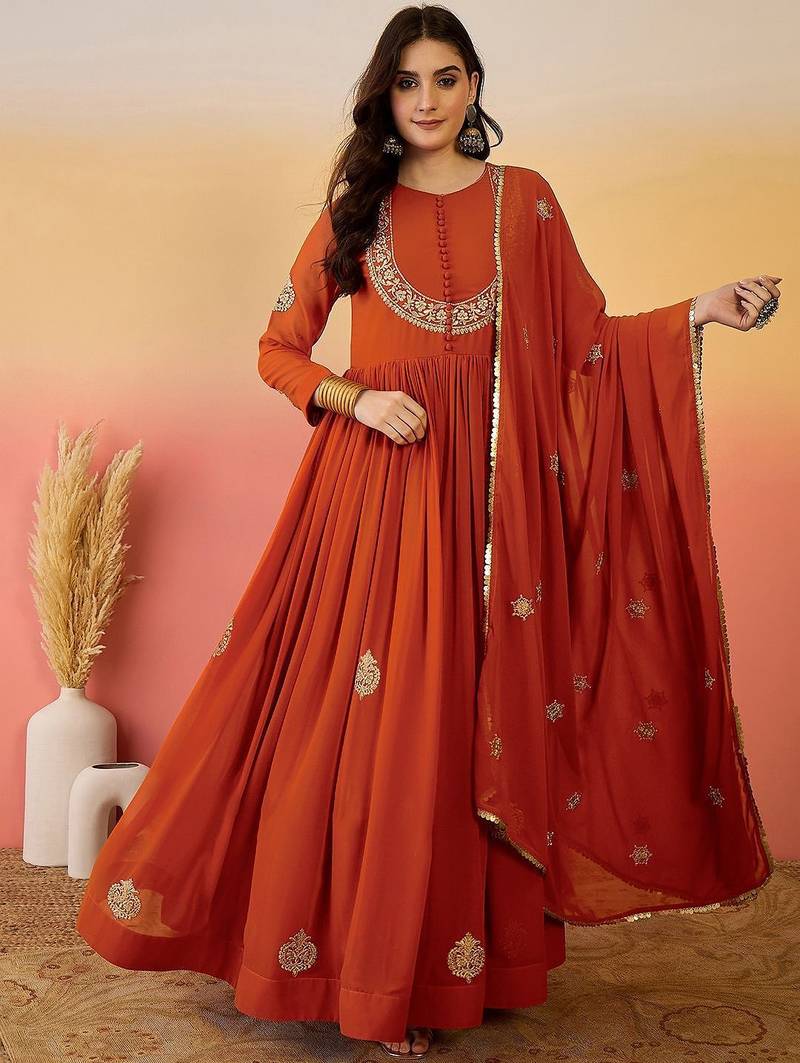 Floral embroidered empire georgette anarkali kurta with trouser & dupatta