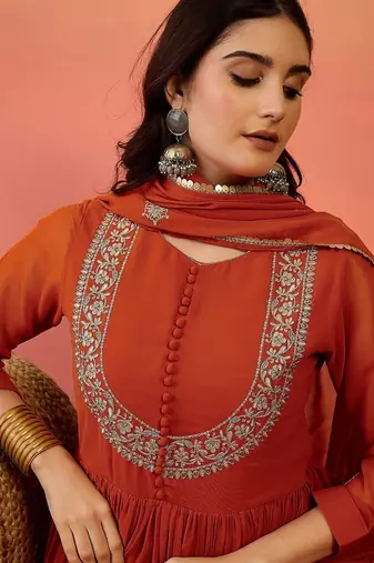 Floral embroidered empire georgette anarkali kurta with trouser & dupatta