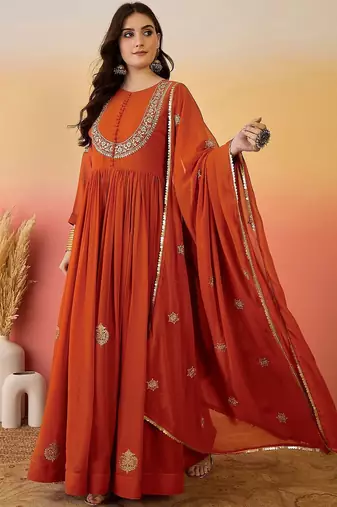 Floral embroidered empire georgette anarkali kurta with trouser & dupatta