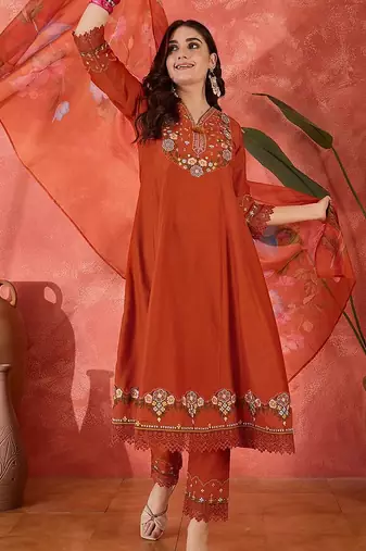 Floral embroidered schiffli lace v-neck kurta with trouser and dupatta