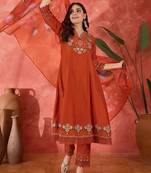 Floral embroidered schiffli lace v-neck kurta with trouser and dupatta