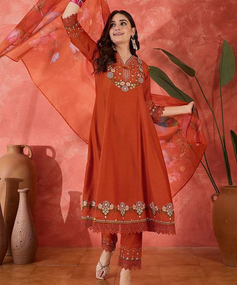 Floral embroidered schiffli lace v-neck kurta with trouser and dupatta