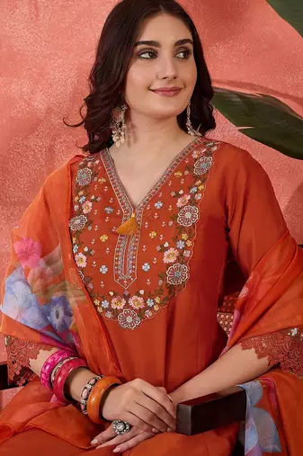 Floral embroidered schiffli lace v-neck kurta with trouser and dupatta