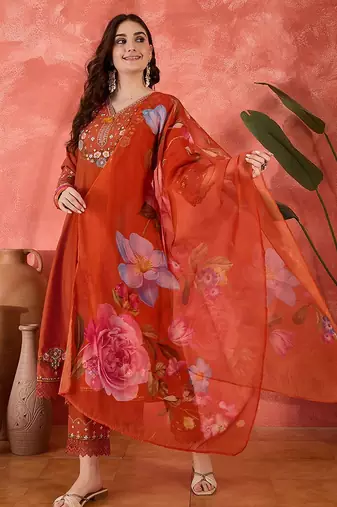 Floral embroidered schiffli lace v-neck kurta with trouser and dupatta