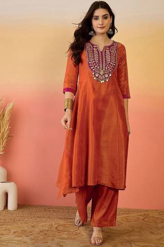 Zari embroidered notch neck a-line kurta & trousers