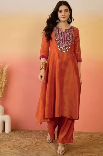 Zari embroidered notch neck a-line kurta & trousers