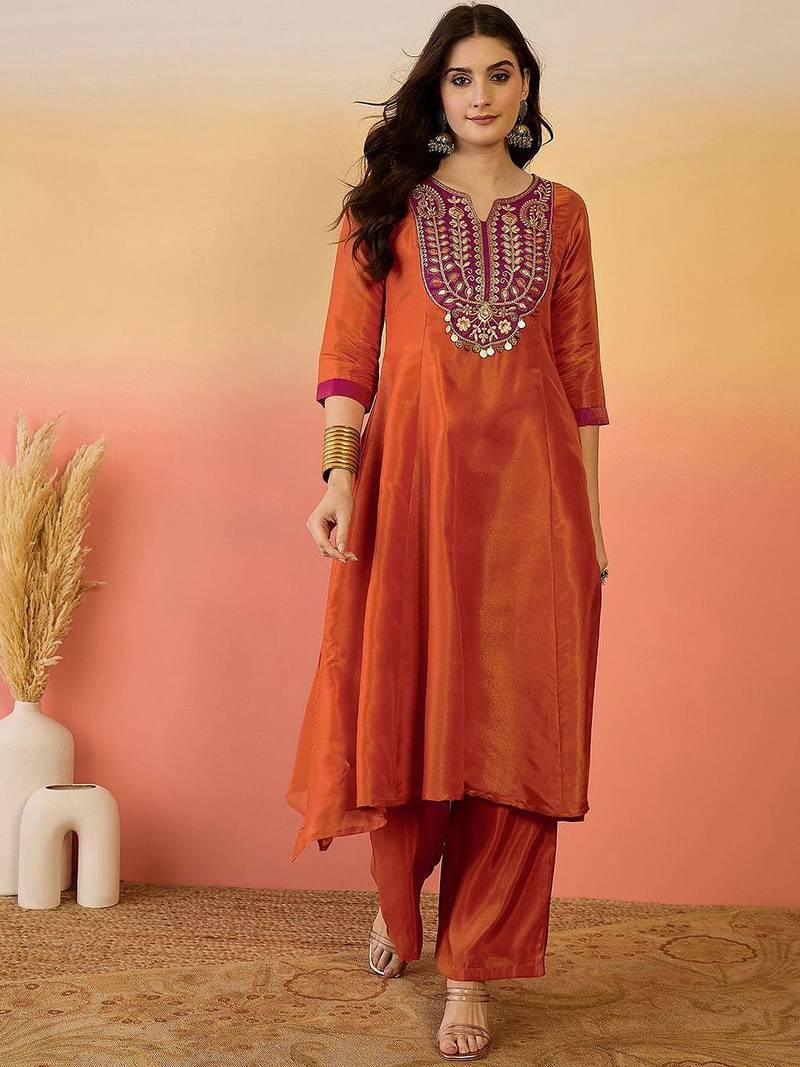 Zari embroidered notch neck a-line kurta & trousers