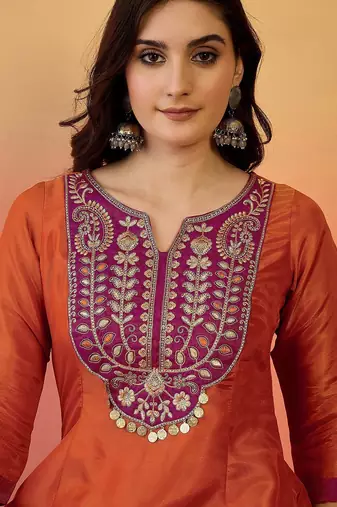 Zari embroidered notch neck a-line kurta & trousers