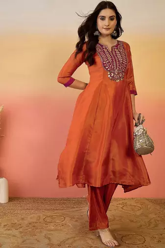 Zari embroidered notch neck a-line kurta & trousers