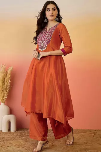 Zari embroidered notch neck a-line kurta & trousers