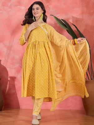 Women bandhani printed thread work pure cotton kurta with trousers & dupatta 1