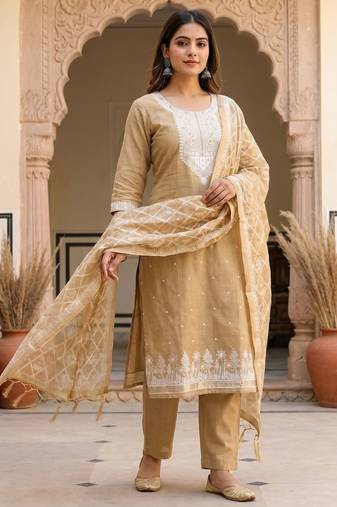 Beige colour muga cotton jamdani pichwai weaving dress material set