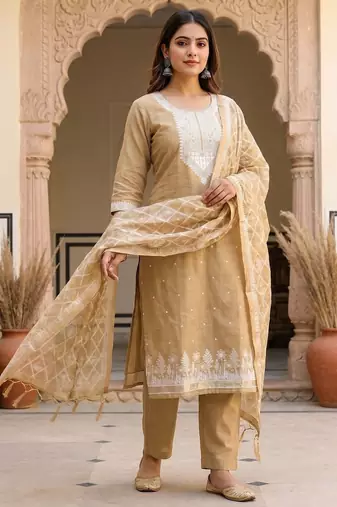 Beige colour muga cotton jamdani pichwai weaving dress material set