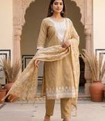 Beige colour muga cotton jamdani pichwai weaving dress material set