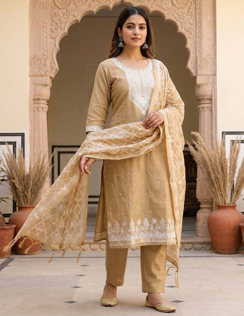 Beige colour muga cotton jamdani pichwai weaving dress material set