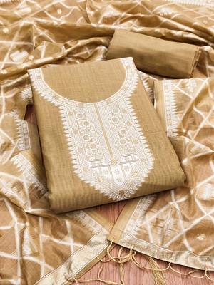 Beige colour muga cotton jamdani pichwai weaving dress material set 2