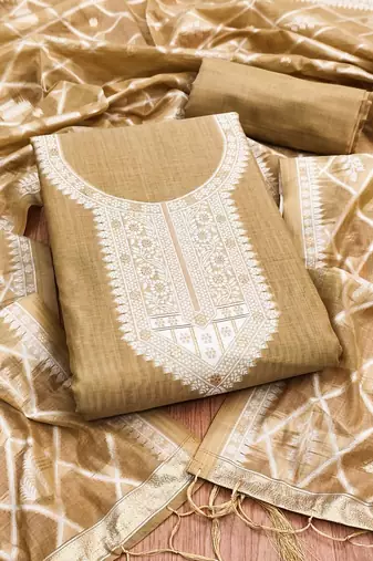 Beige colour muga cotton jamdani pichwai weaving dress material set