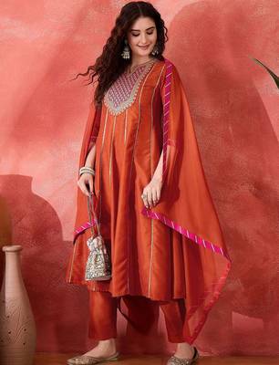 Zari sequence cording embroidery with lace a line kurta with trousers & dupatta 1