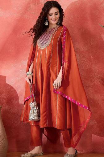 Zari sequence cording embroidery with lace a line kurta with trousers & dupatta