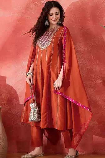 Zari sequence cording embroidery with lace a line kurta with trousers & dupatta