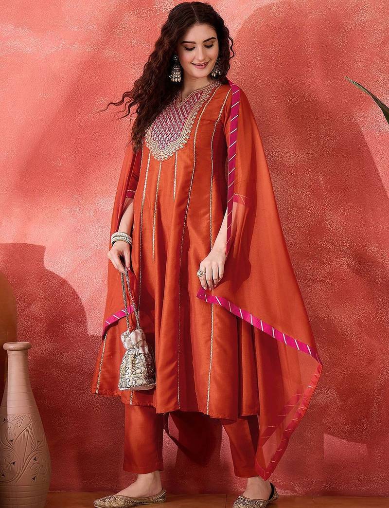 Zari sequence cording embroidery with lace a line kurta with trousers & dupatta