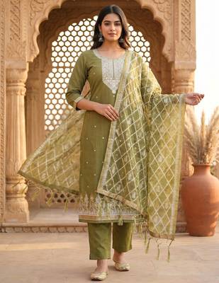 Beige colour muga cotton jamdani pichwai weaving dress material set 1