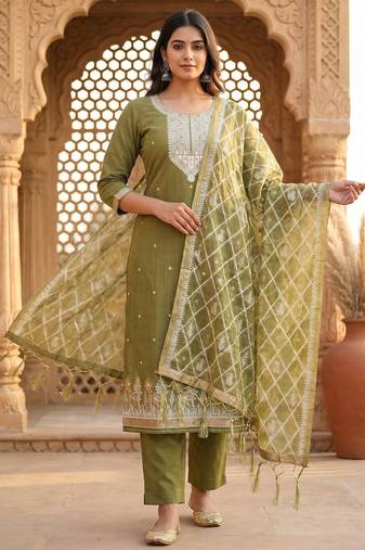 Beige colour muga cotton jamdani pichwai weaving dress material set