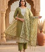 Beige colour muga cotton jamdani pichwai weaving dress material set