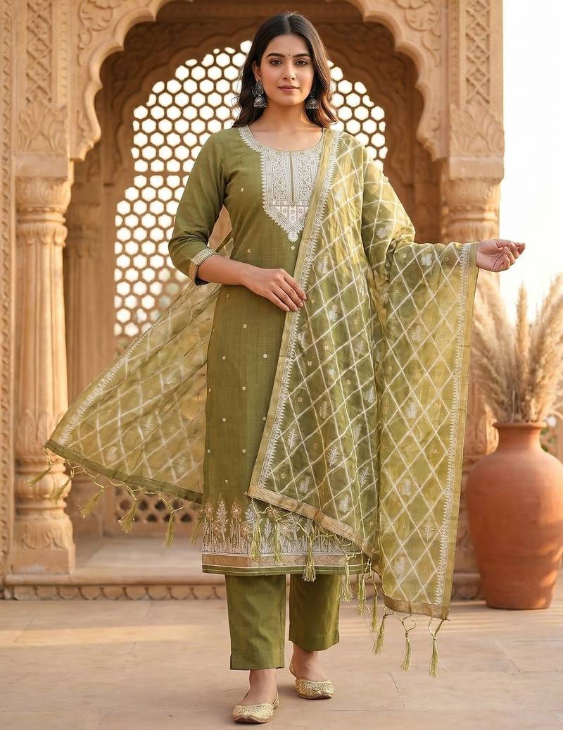 Beige colour muga cotton jamdani pichwai weaving dress material set