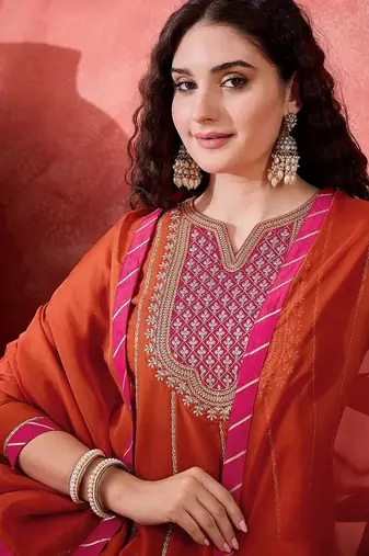Zari sequence cording embroidery with lace a line kurta with trousers & dupatta
