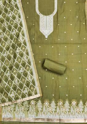 Beige colour muga cotton jamdani pichwai weaving dress material set 3
