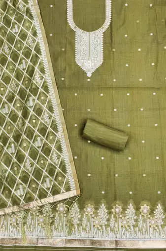 Beige colour muga cotton jamdani pichwai weaving dress material set