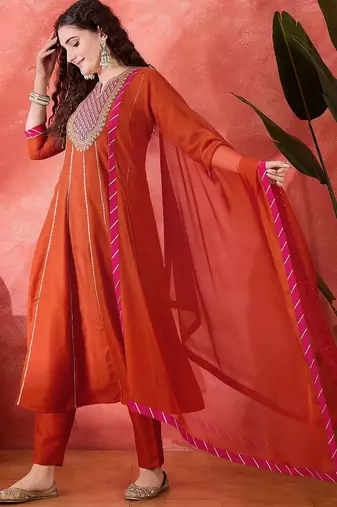 Zari sequence cording embroidery with lace a line kurta with trousers & dupatta