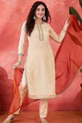 Chinin zari sequence piping worked kurta with trousers & dupatta