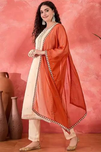 Chinin zari sequence piping worked kurta with trousers & dupatta