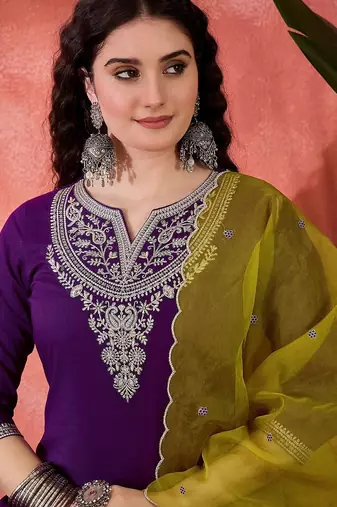 Zari sequence cording embroidered kurta with trousers & dupatta