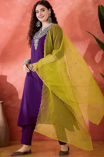 Zari sequence cording embroidered kurta with trousers & dupatta