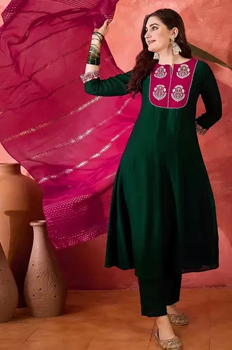 Zari sequence thread embroidery kurta with trousers & dupatta