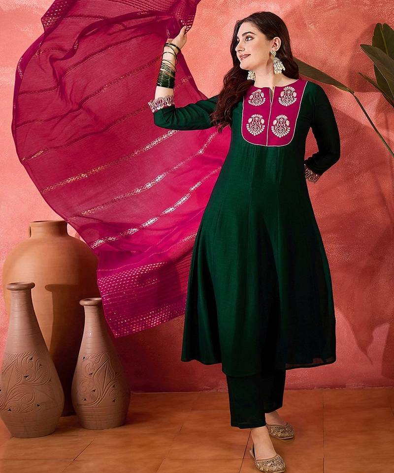 Zari sequence thread embroidery kurta with trousers & dupatta