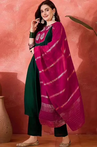 Zari sequence thread embroidery kurta with trousers & dupatta