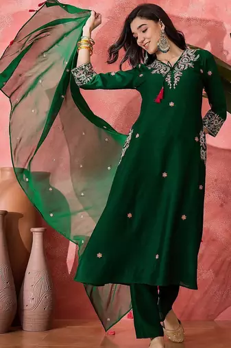 Floral embroidered v-neck sequinned a-line kurta with trousers & dupatta