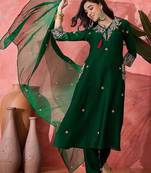 Floral embroidered v-neck sequinned a-line kurta with trousers & dupatta