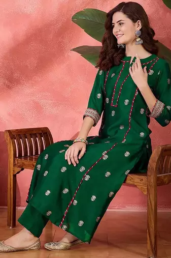 Foil printed & embroidered kurta & trouser set