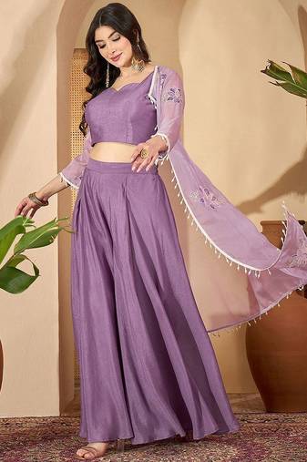 Zari sequence thread embroidered with lace crop top with palazzos & shrug