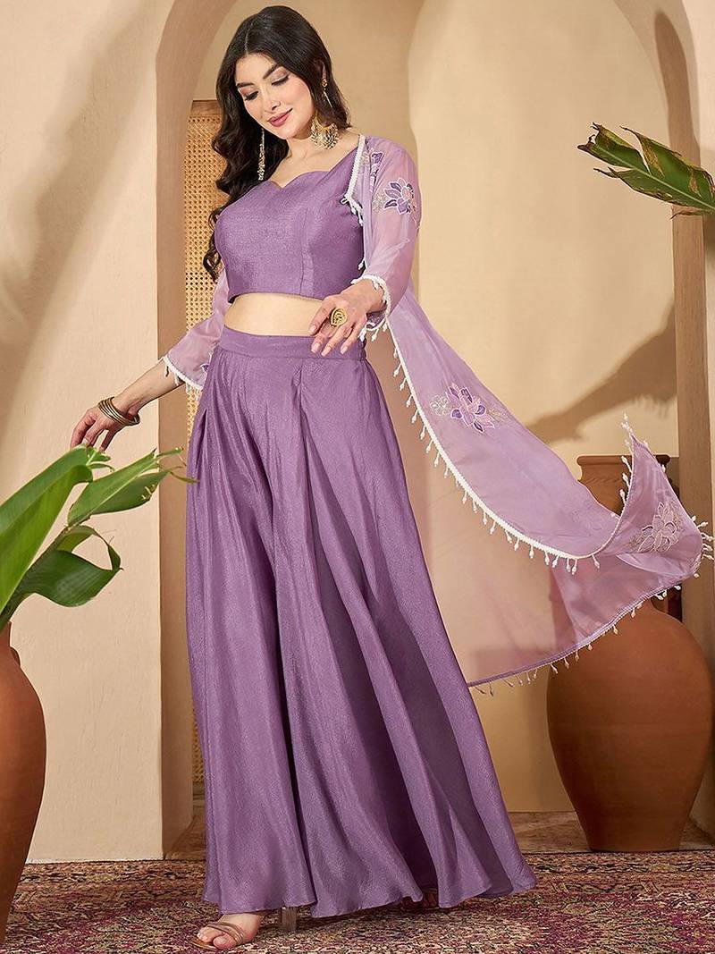 Zari sequence thread embroidered with lace crop top with palazzos & shrug